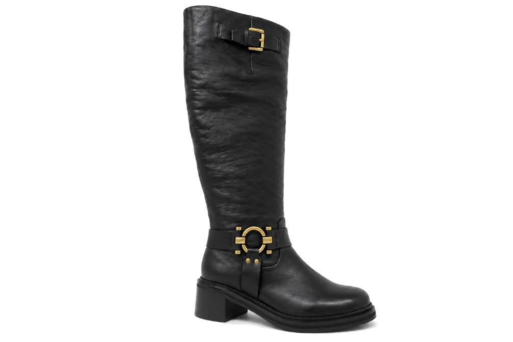 Botas altas biker Regarde Le Ciel RENA 02 de mujer en piel negra con hebillas doradas