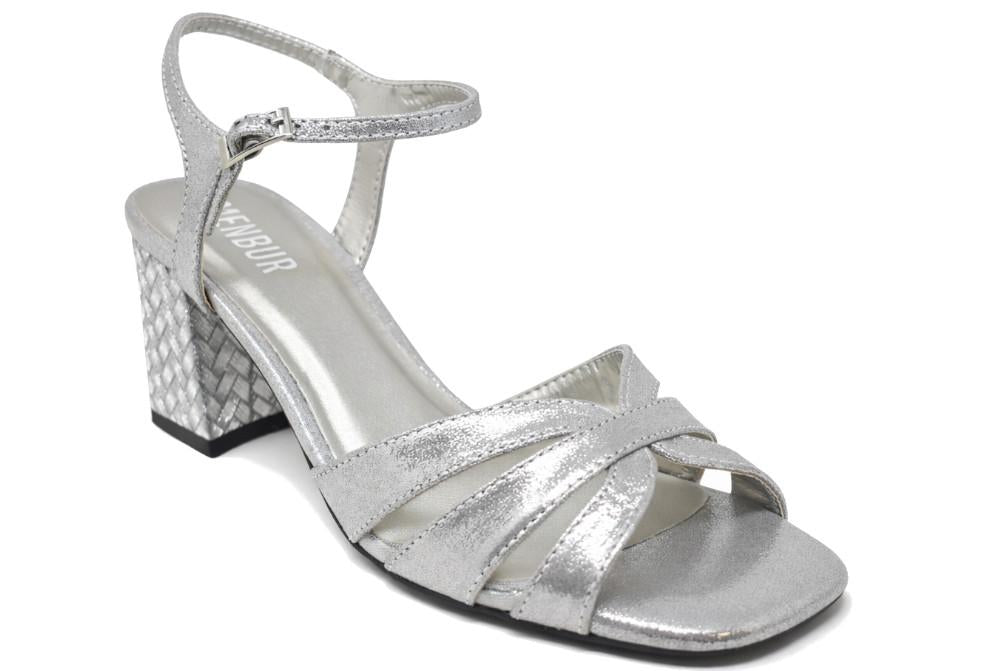 Sandalias de tacón medio de fiesta Menbur AM70709 en plata para mujer