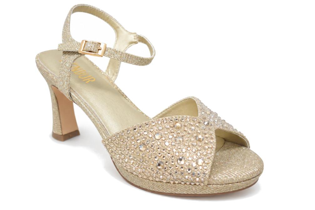 Sandalias coon tacón de fiesta Menbur BM771 oro con pedrería
