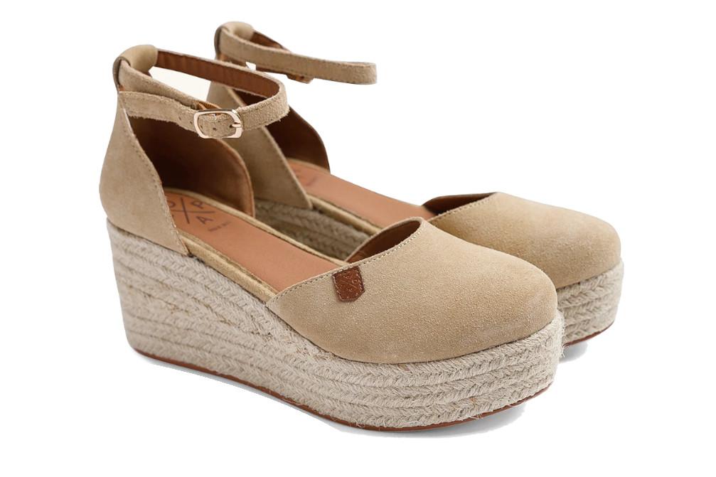 Alpargatas con cuña Popa Cantalar en color beige-Sandalia de Piel con Yute Natural y Hebilla Ajustable