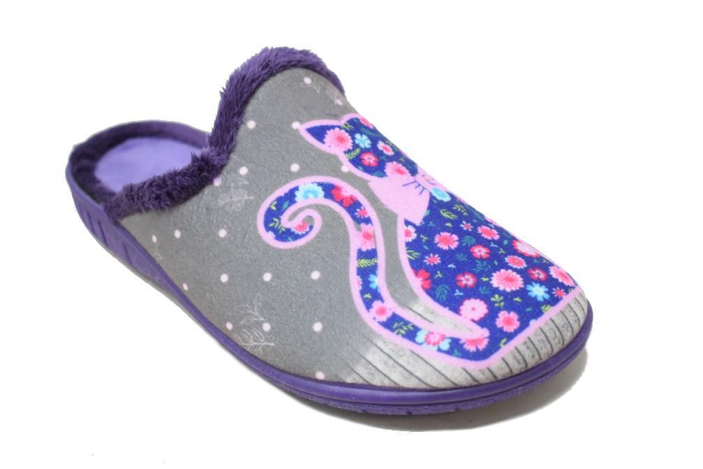 Zapatillas de casa Calusa 923 Gatos en morado para mujer