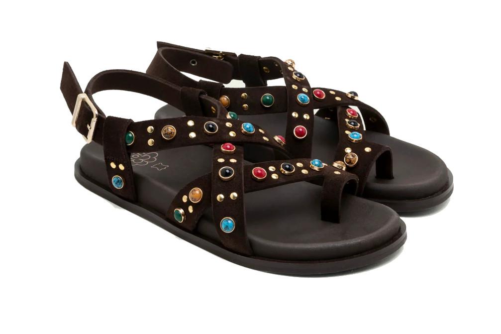 Sandalia plana de piel Porronet HAZEL 3295 moka– Sandalia cómoda con pedrería hecha en España