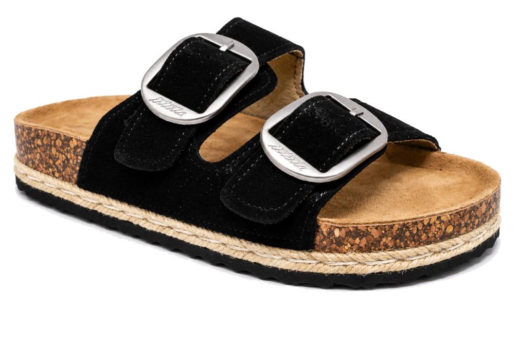 Sandalias doble suela Isteria 1012 negro de Piel para mujer| Sandalias Planas Bio con Hebilla