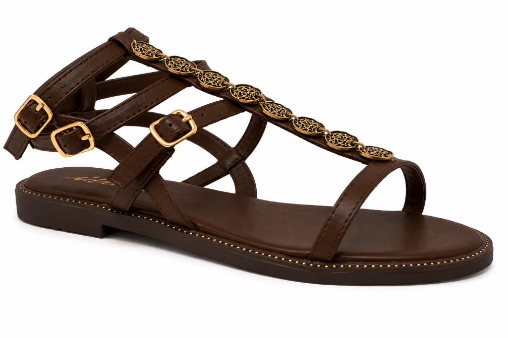 Sandalias Romanas Mujer ISTERIA 1179 Marrón | Sandalia Plana Vegana con Monedas Decorativas