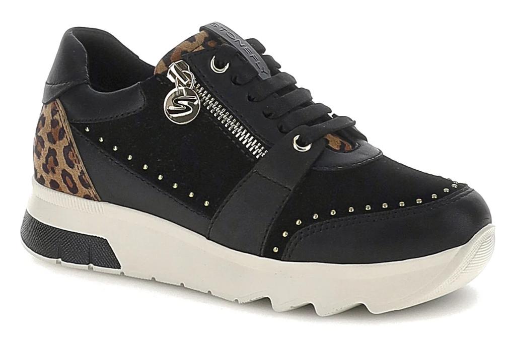 Zapatillas mujer Stonefly Spock 47 negro con tachas y animal print 223124
