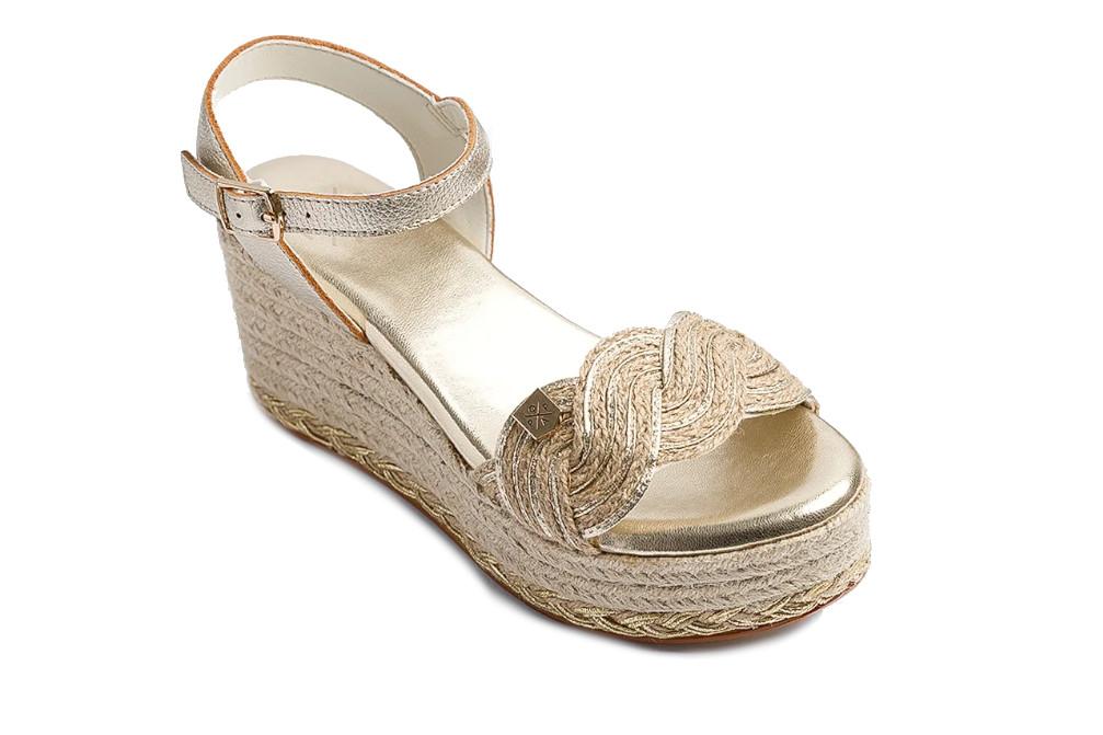 Sandalia con cuña de esparto PopaGarua Yute Oro – Alpargata Mujer con Hebilla