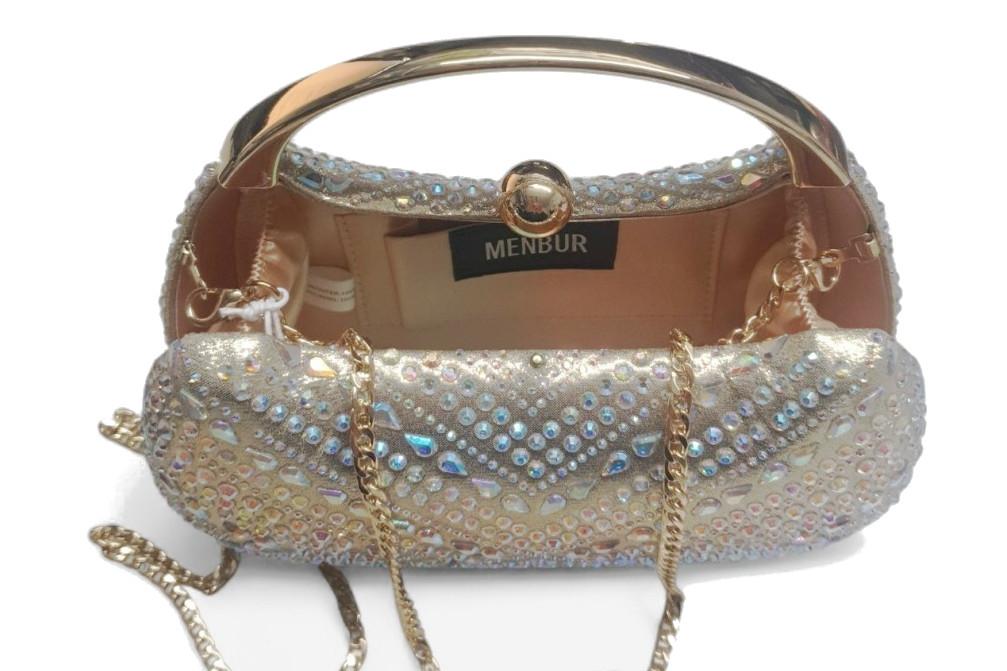 Bolso de Fiesta Menbur AMB1000 en oro con Cristales, Asa Rígida y Cadena para Mujer