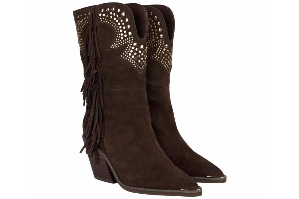 Botas cowboy de piel Alma en Pena I260716 café con flecos y tachas