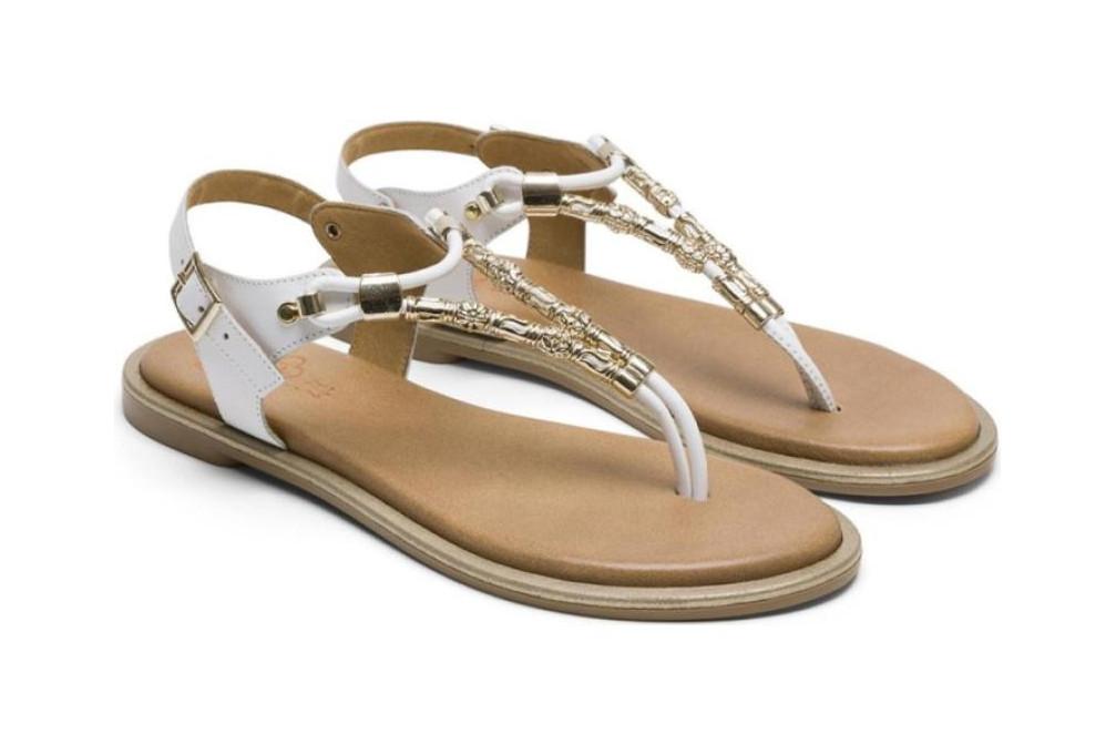 Sandalias Planas Porronet Ada Mujer Piel Blanco – Esclavas con Abalorios Metálicos Hechas en España
