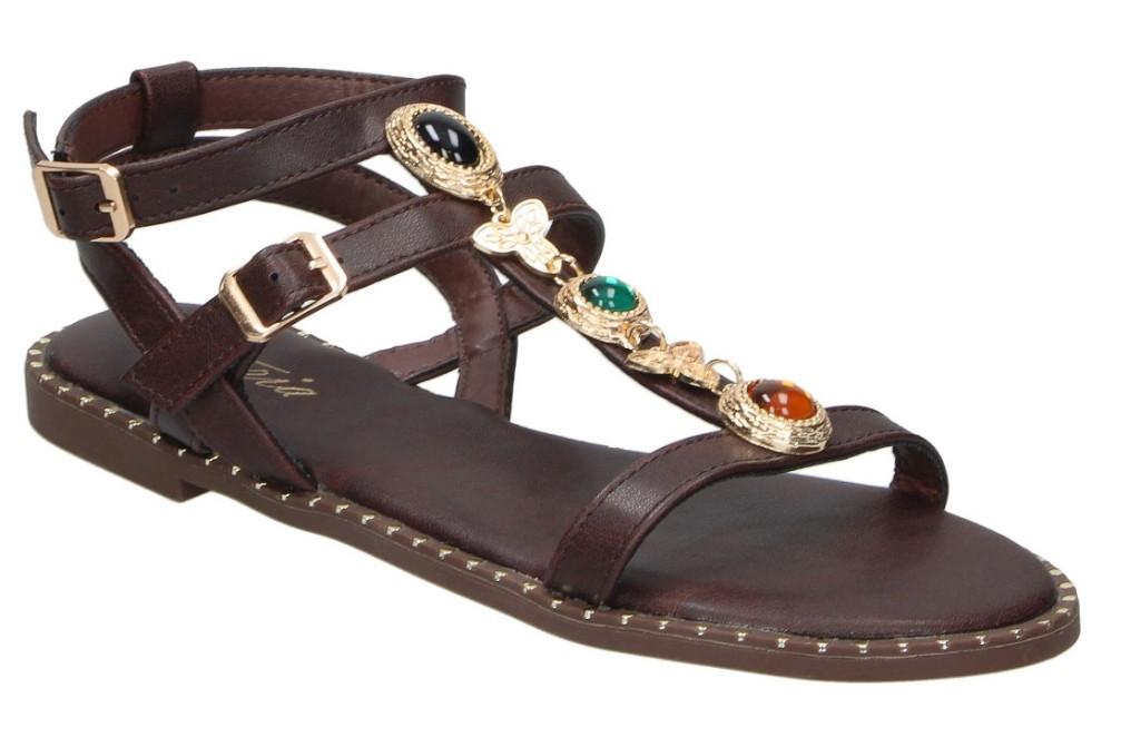 Sandalias planas romanas Isteria 1121 Marrón Chocolate para mujer | Sandalias Veganas con Hebilla