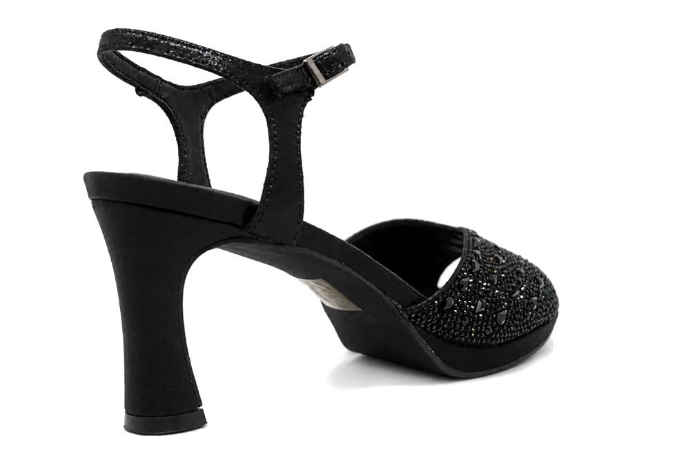 Sandalias de tacón Menbur AM716 – Sandalias de fiesta negras con pedrería y tacón medio elegante para mujer