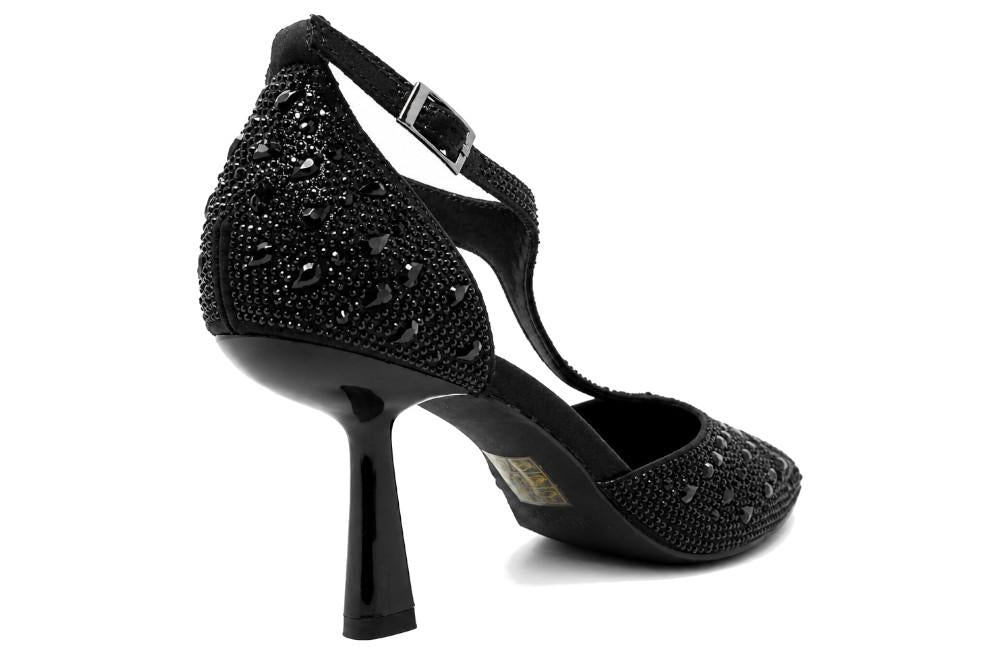 Zapatos de tacón Menbur AM714 – Zapatos de fiesta negros con pedrería de strass y tacón medio elegante para mujer