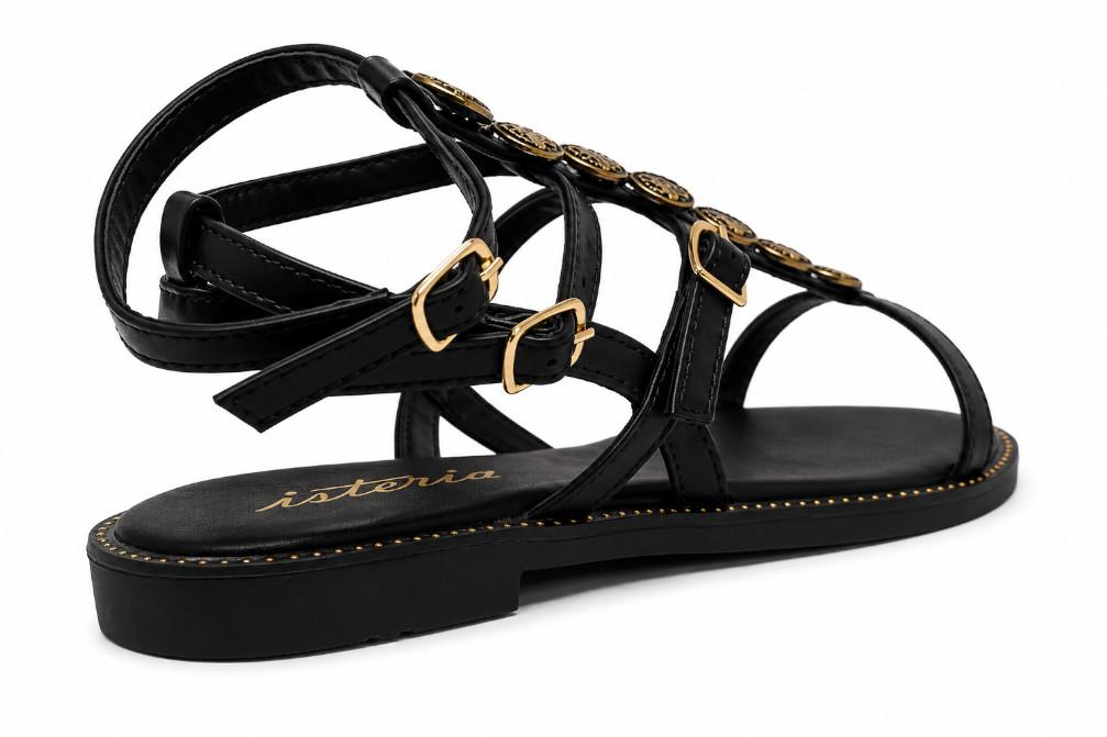 Sandalias Romanas Mujer ISTERIA 1179 negro| Sandalia Plana Vegana con Monedas Decorativas