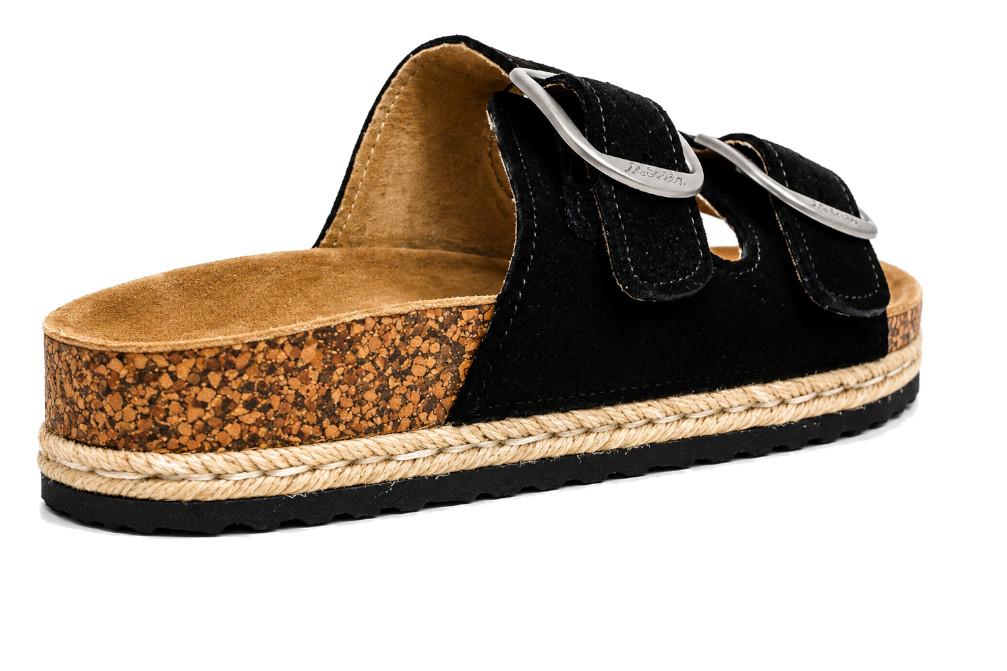 Sandalias doble suela Isteria 1012 negro de Piel para mujer| Sandalias Planas Bio con Hebilla