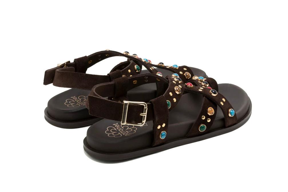 Sandalia plana de piel Porronet HAZEL 3295 moka– Sandalia cómoda con pedrería hecha en España