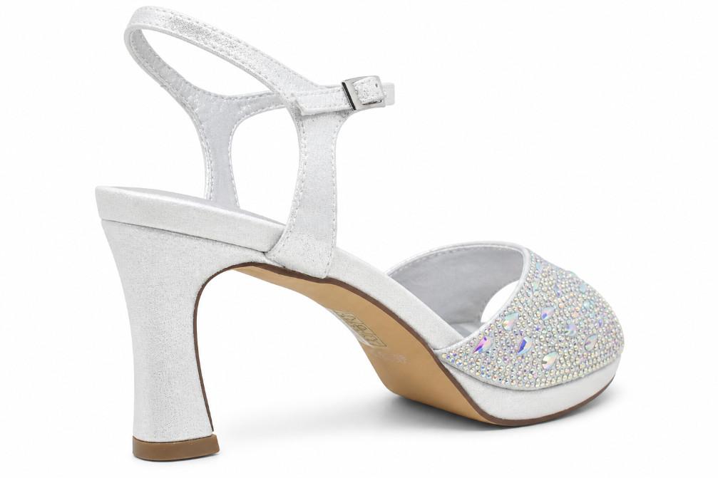Sandalias de tacón Membur AM716 – Sandalias de fiesta color plata con pedrería y tacón medio elegante para mujer