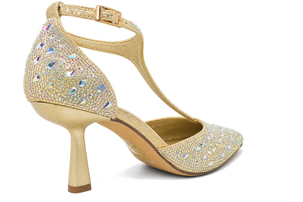 Zapatos de tacón Menbur AM714 – Zapatos de fiesta oro con pedrería de strass y tacón medio elegante para mujer