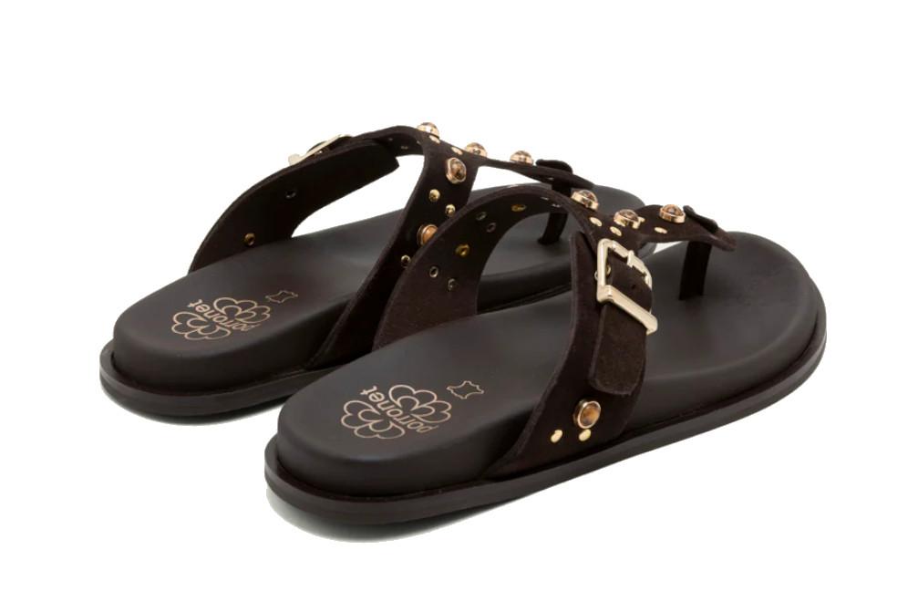Sandalias de dedo planas Porronet HARPER moka 3294 – Sandalia cómoda con pedrería hecha en España