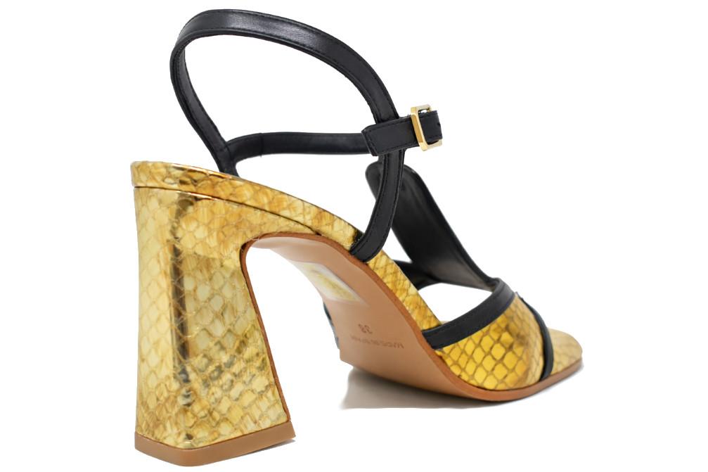 Sandalias de tacón Joni 30064 negro dorado y bronce en piel grabada | Tacón ancho cómodo
