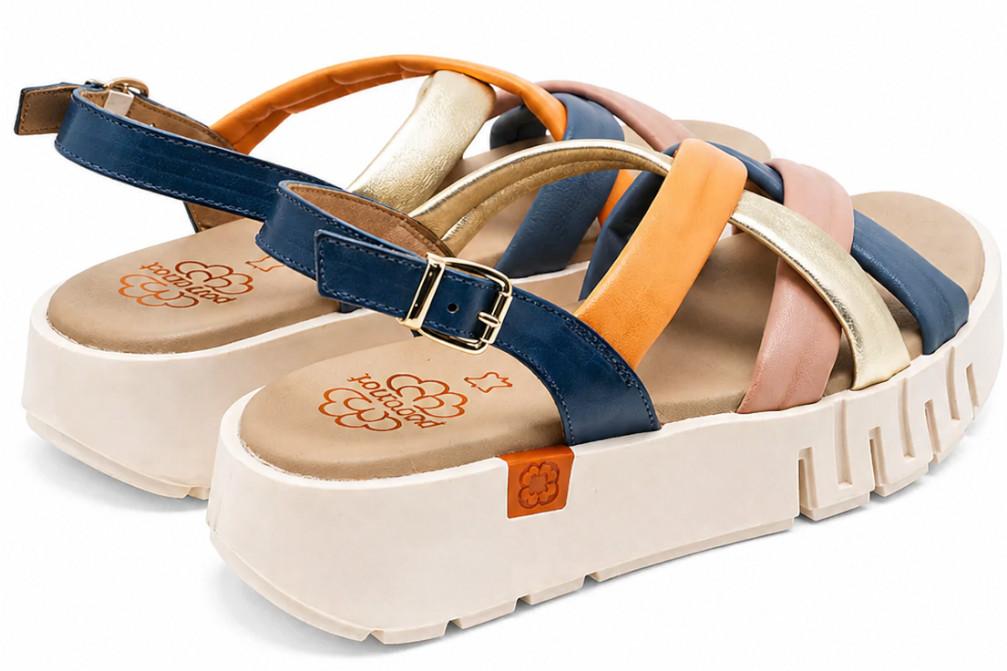 Sandalia de cuña de piel Porronet Daniela 3257 azul multicolor con hebilla