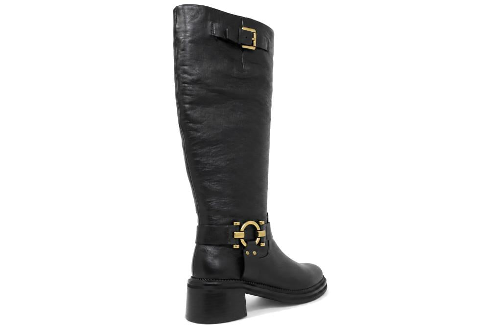 Botas altas biker Regarde Le Ciel RENA 02 de mujer en piel negra con hebillas doradas