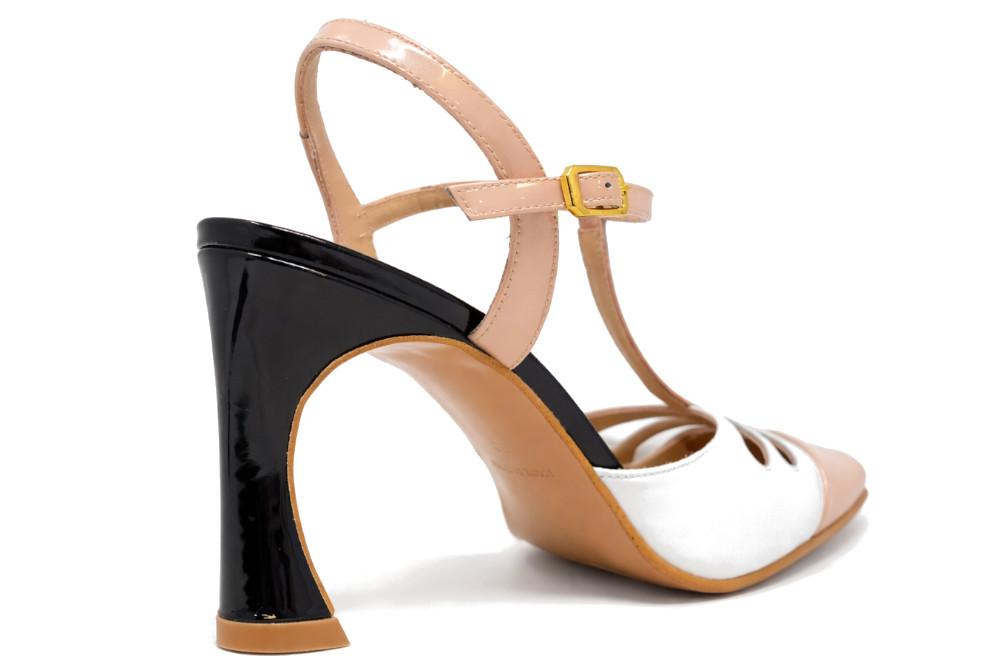 Zapatos de tacón Joni destalonados tira en T en napa blanca y charol nude | Tacón esculpido
