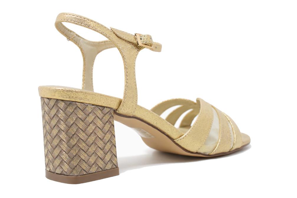 Sandalias de tacón medio de fiesta Menbur AM70709 en oro para mujer